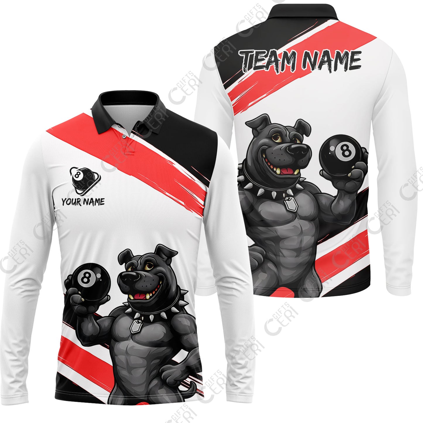 Customized Billiards Long Sleeve Polo Shirt, Personalized Pitbull 8 Ball Jersey Gift For Billiard Players