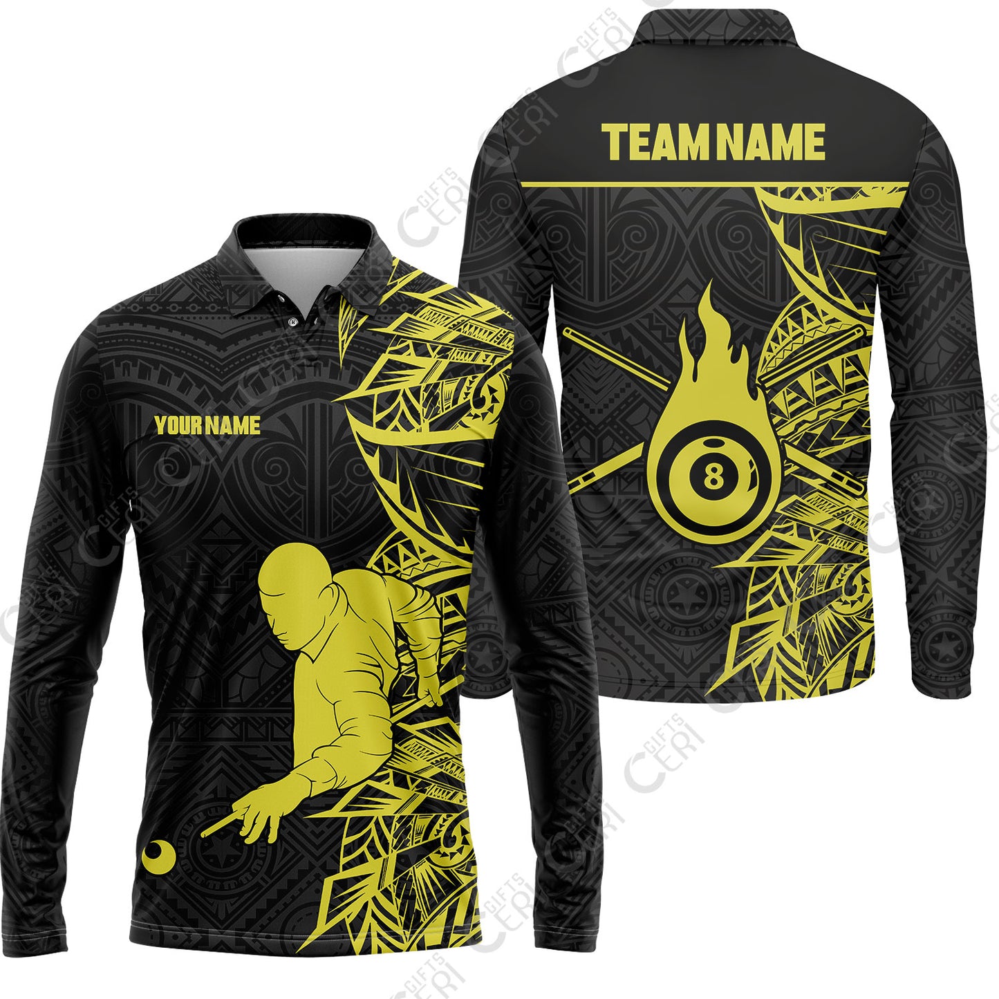 Customized 8 Ball Pool Long Sleeve Polo Shirt, 8-Ball Billiards Tattoo Pattern, Billiards Jerseys