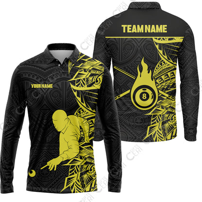 Customized 8 Ball Pool Long Sleeve Polo Shirt, 8-Ball Billiards Tattoo Pattern, Billiards Jerseys