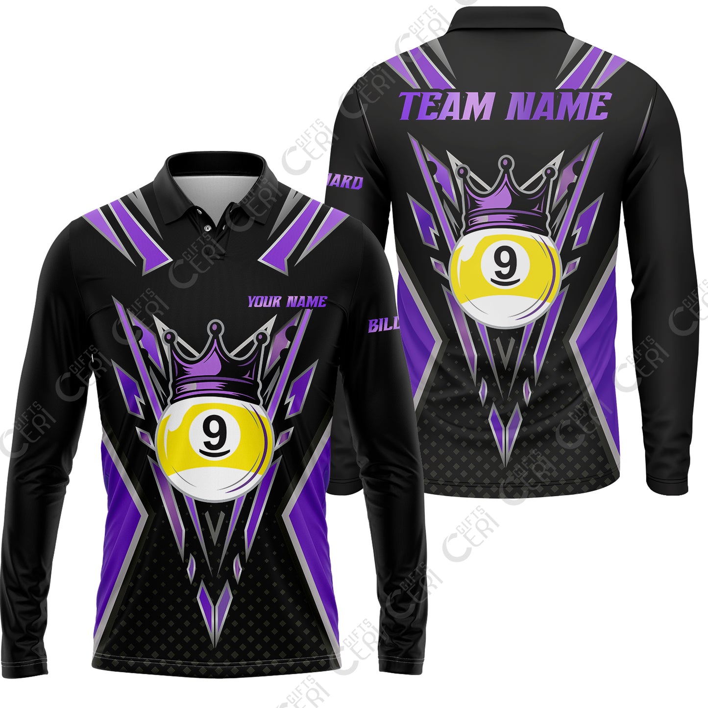 Customized 9 Ball Pool Long Sleeve Polo Shirt, Billiard 9-Ball Crown, Billiard Jerseys