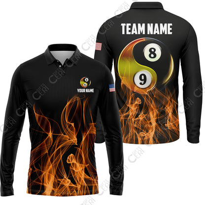 Customized Billiard Long Sleeve Polo Shirt, Billiard 8-Ball And 9-Ball Yin-Yang Flame, Billiard Jerseys