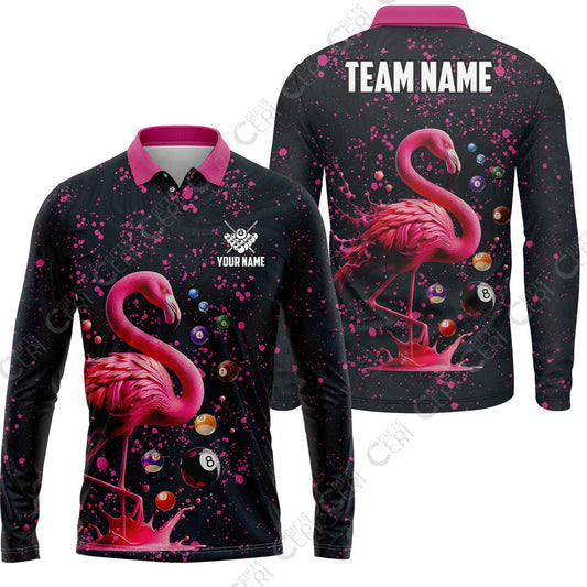 Customized 8 Ball Pool Long Sleeve Polo Shirt, Flamingo Pink Splat Billiard, Personalized Billiards Jersey