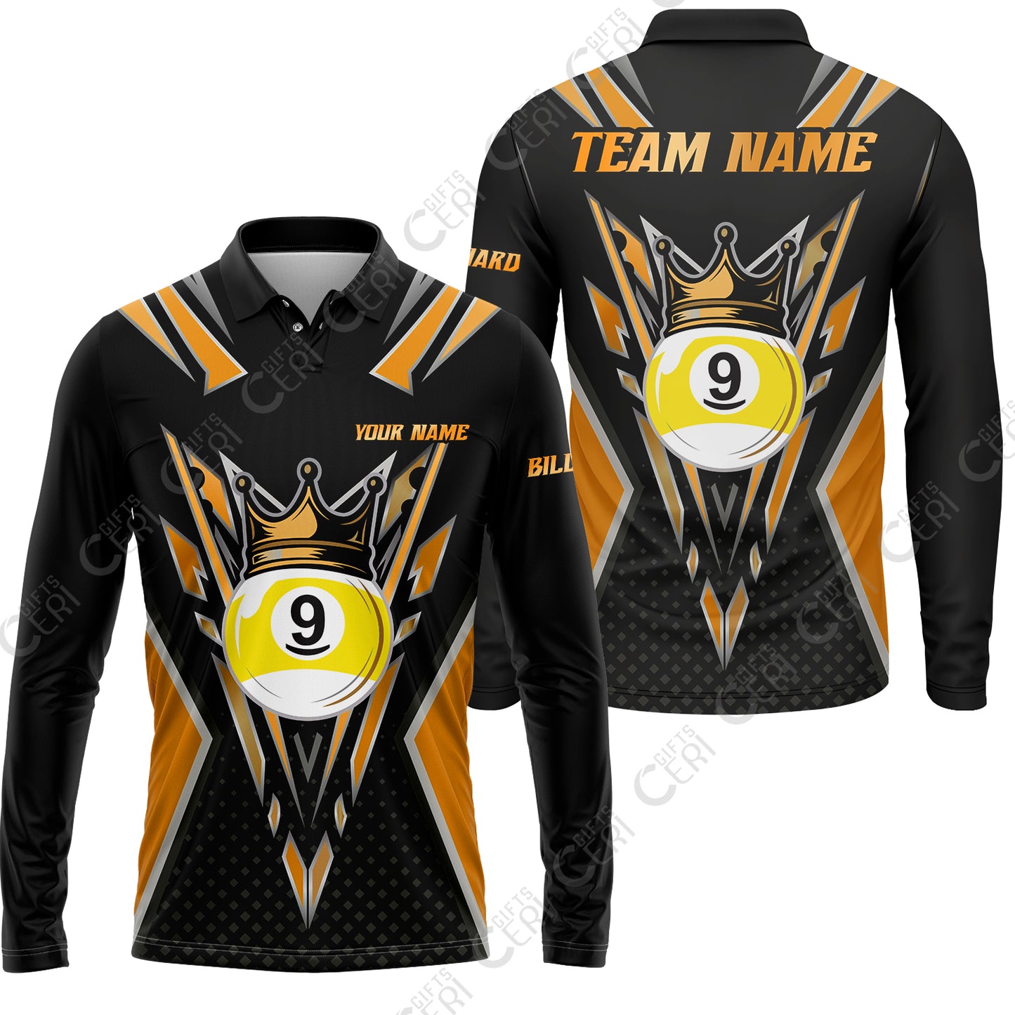 Customized 9 Ball Pool Long Sleeve Polo Shirt, Billiard 9-Ball Crown, Billiard Jerseys