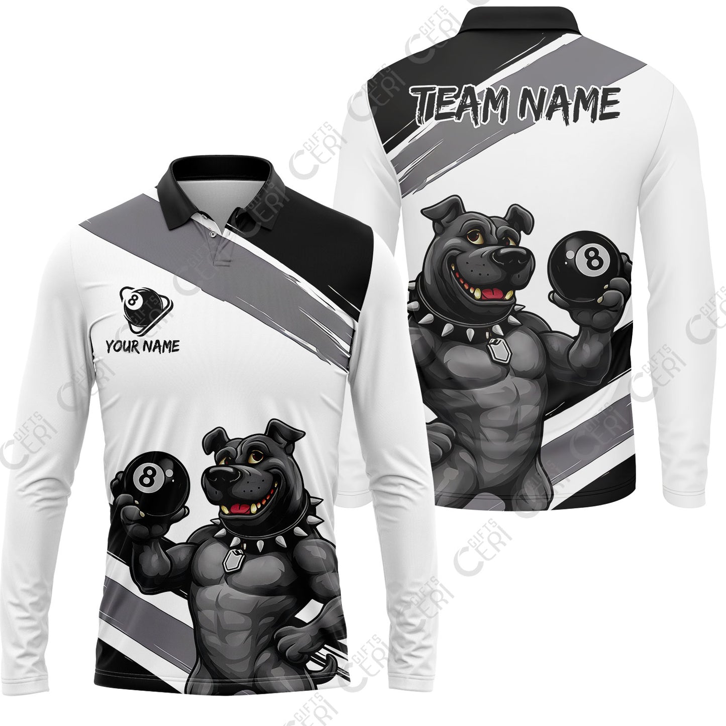 Customized Billiards Long Sleeve Polo Shirt, Personalized Pitbull 8 Ball Jersey Gift For Billiard Players