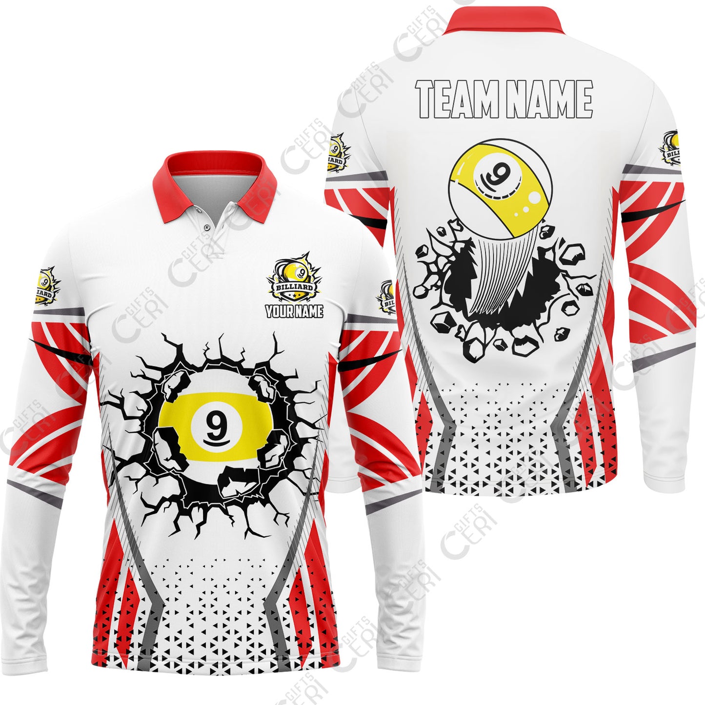 Customized 9 Ball Pool Long Sleeve Polo Shirt, Billiard Triangle Pattern, 9-Ball Breaks The Wall, Billiard Jerseys