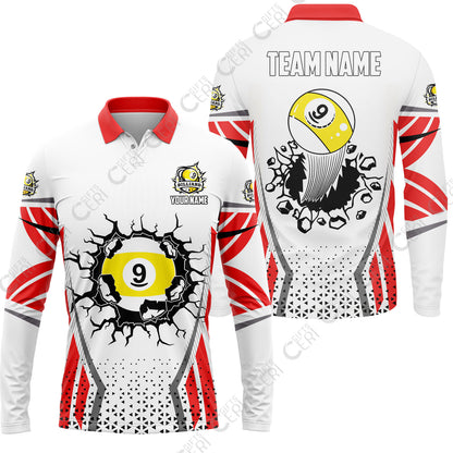 Customized 9 Ball Pool Long Sleeve Polo Shirt, Billiard Triangle Pattern, 9-Ball Breaks The Wall, Billiard Jerseys
