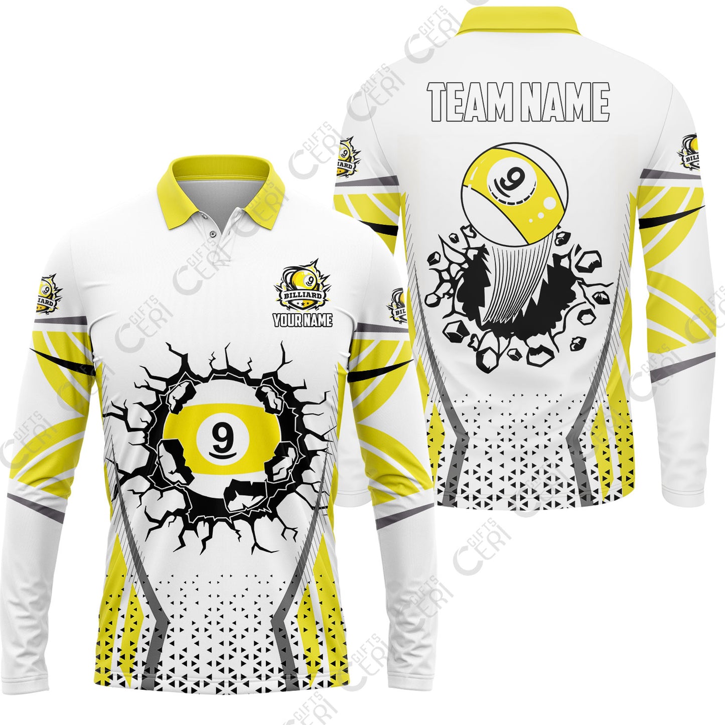 Customized 9 Ball Pool Long Sleeve Polo Shirt, Billiard Triangle Pattern, 9-Ball Breaks The Wall, Billiard Jerseys