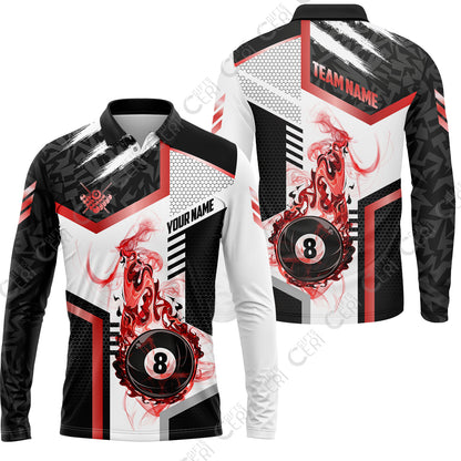 Customized Billiards Long Sleeve Polo Shirt, Flaming 8-Ball Graphic, 8 Ball Pool Jersey