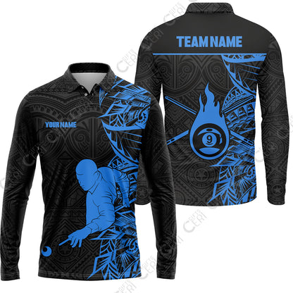 Customized 9 Ball Pool Long Sleeve Polo Shirt, 9-Ball Billiards Tattoo Pattern, Billiards Jerseys