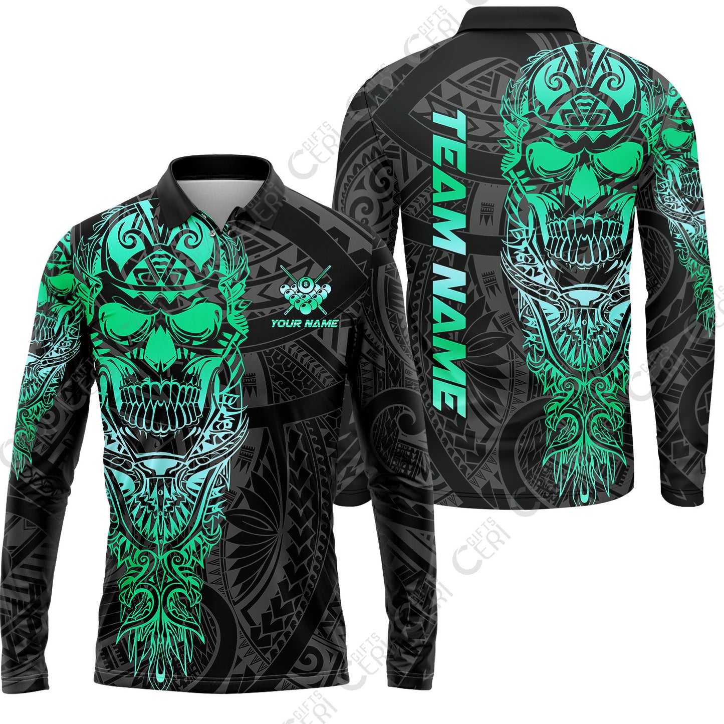 Customized 8 Ball Pool Long Sleeve Polo Shirt, 8-Ball Billiard Ethnic Tribal Style Pattern, Billiards Jerseys