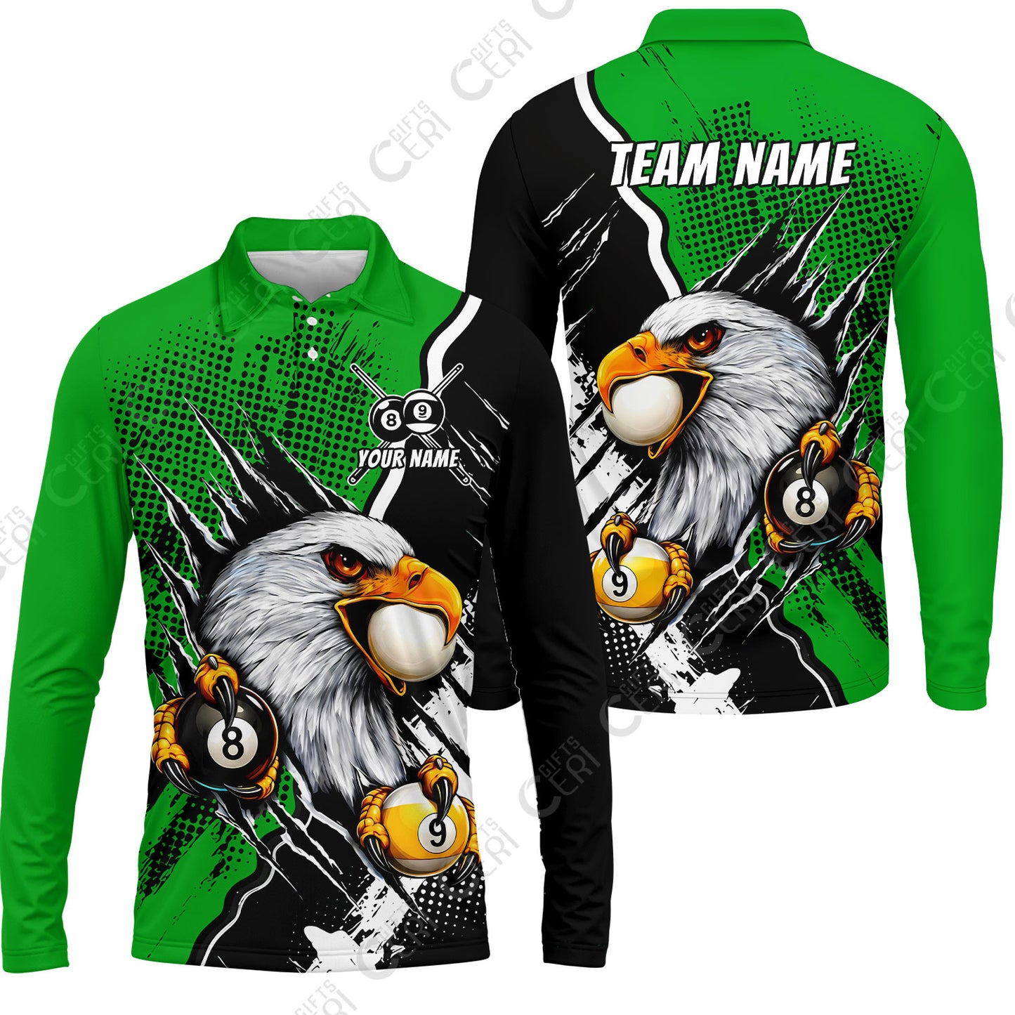Customized Billiards Long Sleeve Polo Shirt, 8 & 9 Ball Billiard Eagle Comic Dot Halftone Background Color, Billiards Jerseys