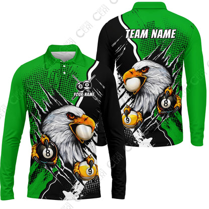 Customized Billiards Long Sleeve Polo Shirt, 8 & 9 Ball Billiard Eagle Comic Dot Halftone Background Color, Billiards Jerseys