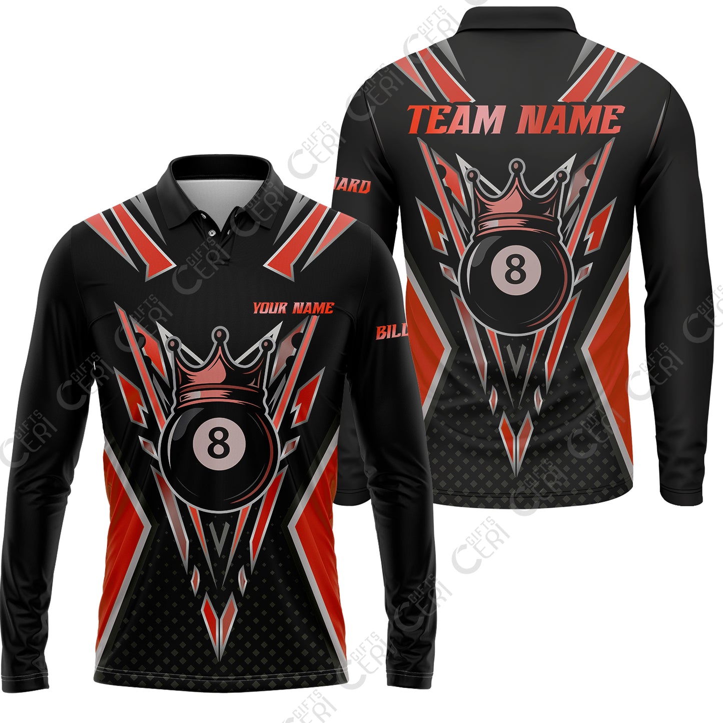Customized 8 Ball Pool Long Sleeve Polo Shirt, Billiard 8-Ball Crown, Billiard Jerseys