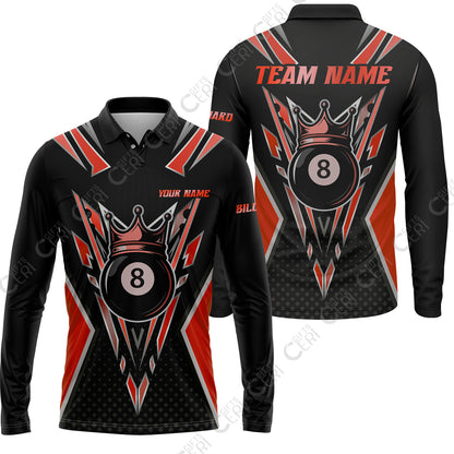 Customized 8 Ball Pool Long Sleeve Polo Shirt, Billiard 8-Ball Crown, Billiard Jerseys
