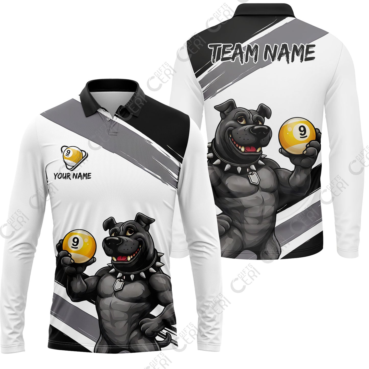 Customized Billiards Long Sleeve Polo Shirt, Personalized Pitbull 9 Ball Jersey Gift For Billiard Players