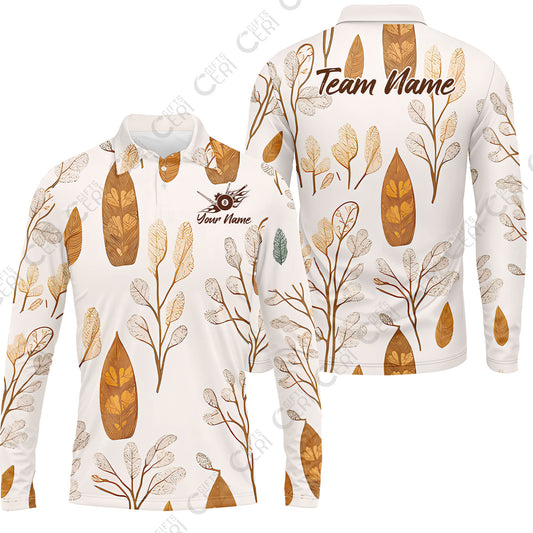 Customized 8 Ball Pool Long Sleeve Polo Shirt, Leaves Pattern Billiard 8-Ball, Personalized Billiards Jersey