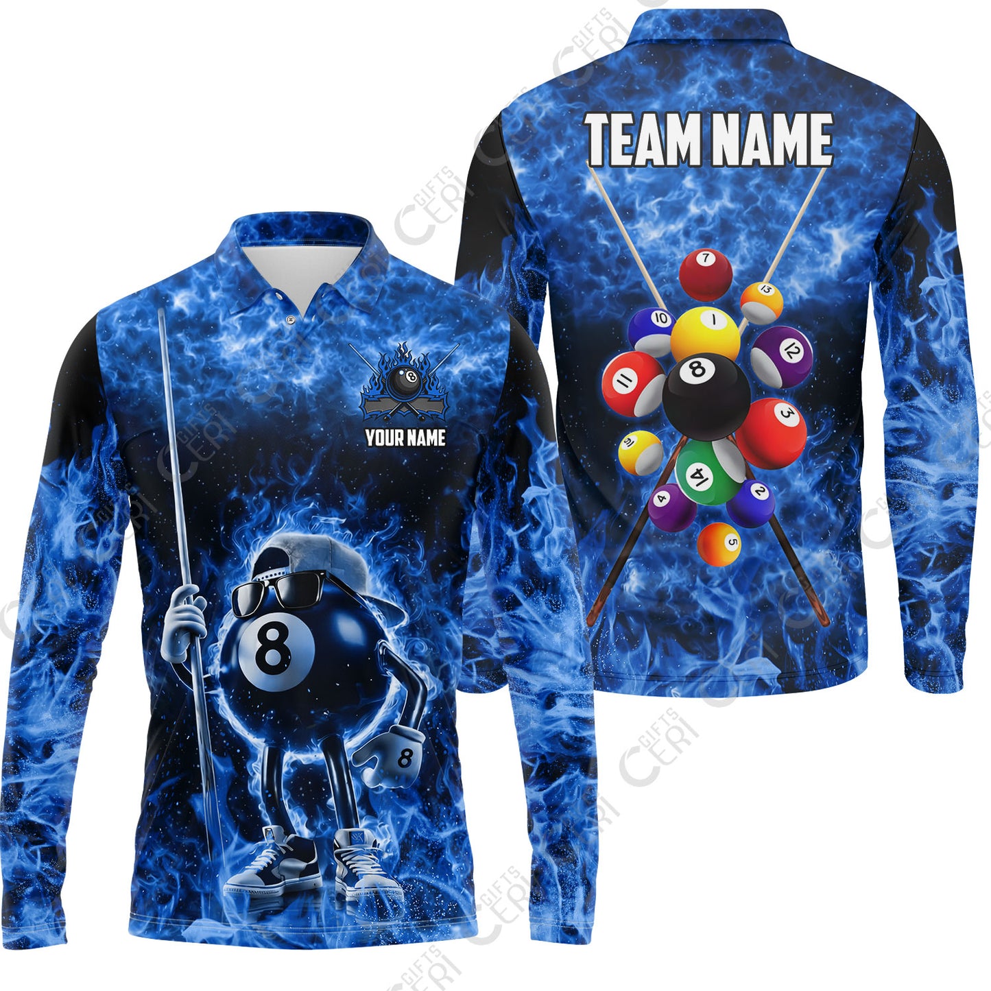 Customized 8 Ball Pool Long Sleeve Polo Shirt, 8-Ball Wearing Cap And Sunglasses Flaming Burn, Billiard Jerseys