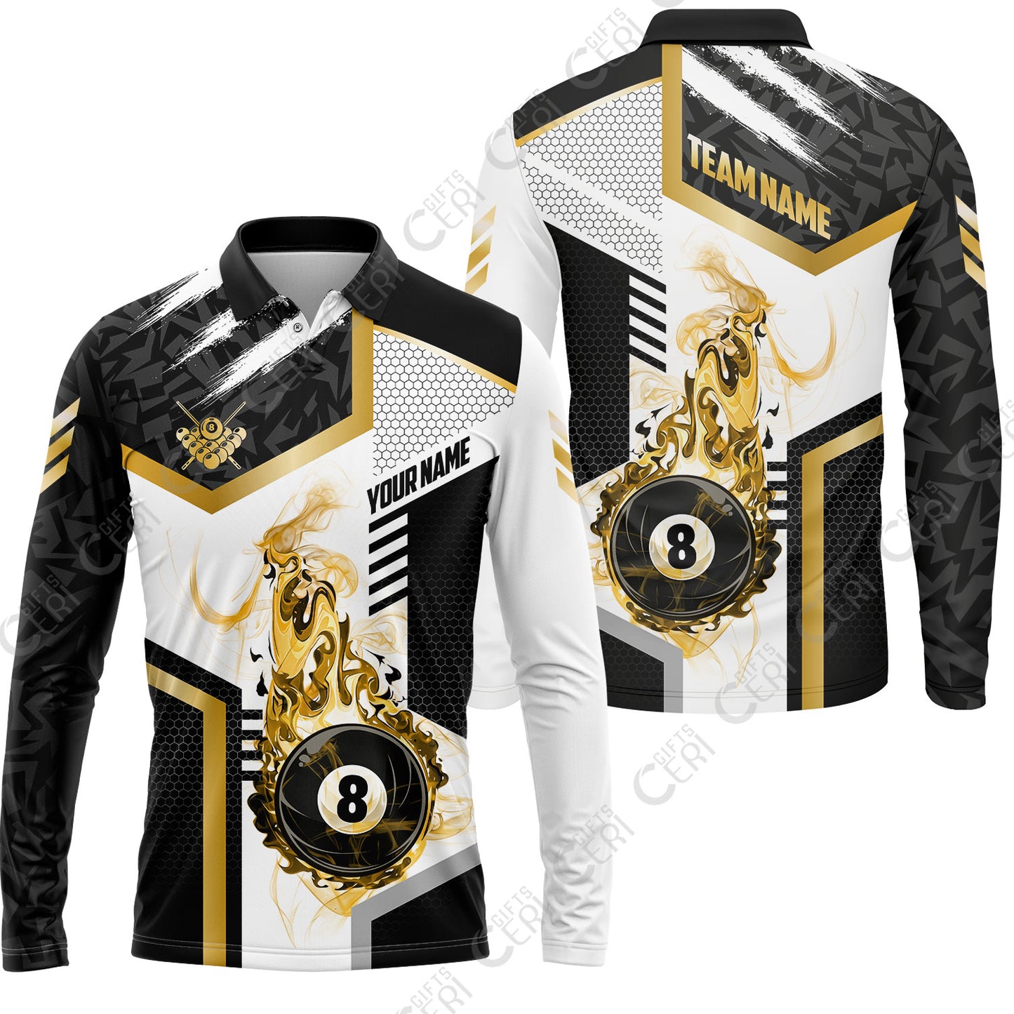 Customized Billiards Long Sleeve Polo Shirt, Flaming 8-Ball Graphic, 8 Ball Pool Jersey