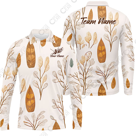 Customized 9 Ball Pool Long Sleeve Polo Shirt, Leaves Pattern Billiard 9-ball, Personalized Billiards Jersey