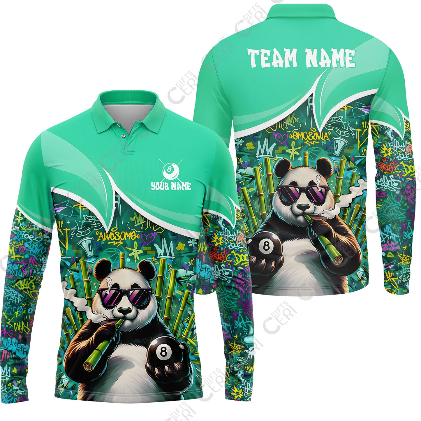 Customized 8 Ball Pool Long Sleeve Polo Shirt, 8-Ball Panda Bamboo Billiards, Billiards Jerseys
