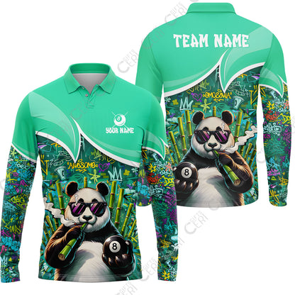 Customized 8 Ball Pool Long Sleeve Polo Shirt, 8-Ball Panda Bamboo Billiards, Billiards Jerseys