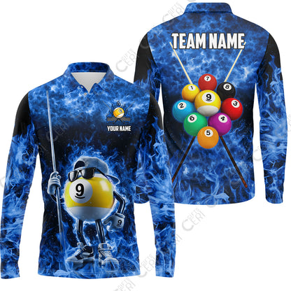 Customized 9 Ball Pool Long Sleeve Polo Shirt, 9-Ball Wearing Cap And Sunglasses Flaming Burn, Billiard Jerseys