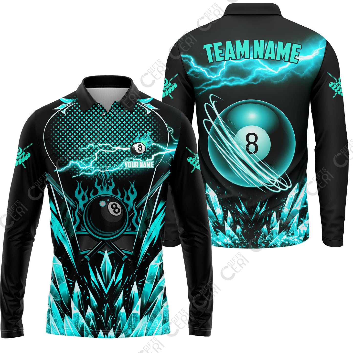 Customized 8 Ball Pool Long Sleeve Polo Shirt, Electric Lightning Crystal, Billiards Jerseys