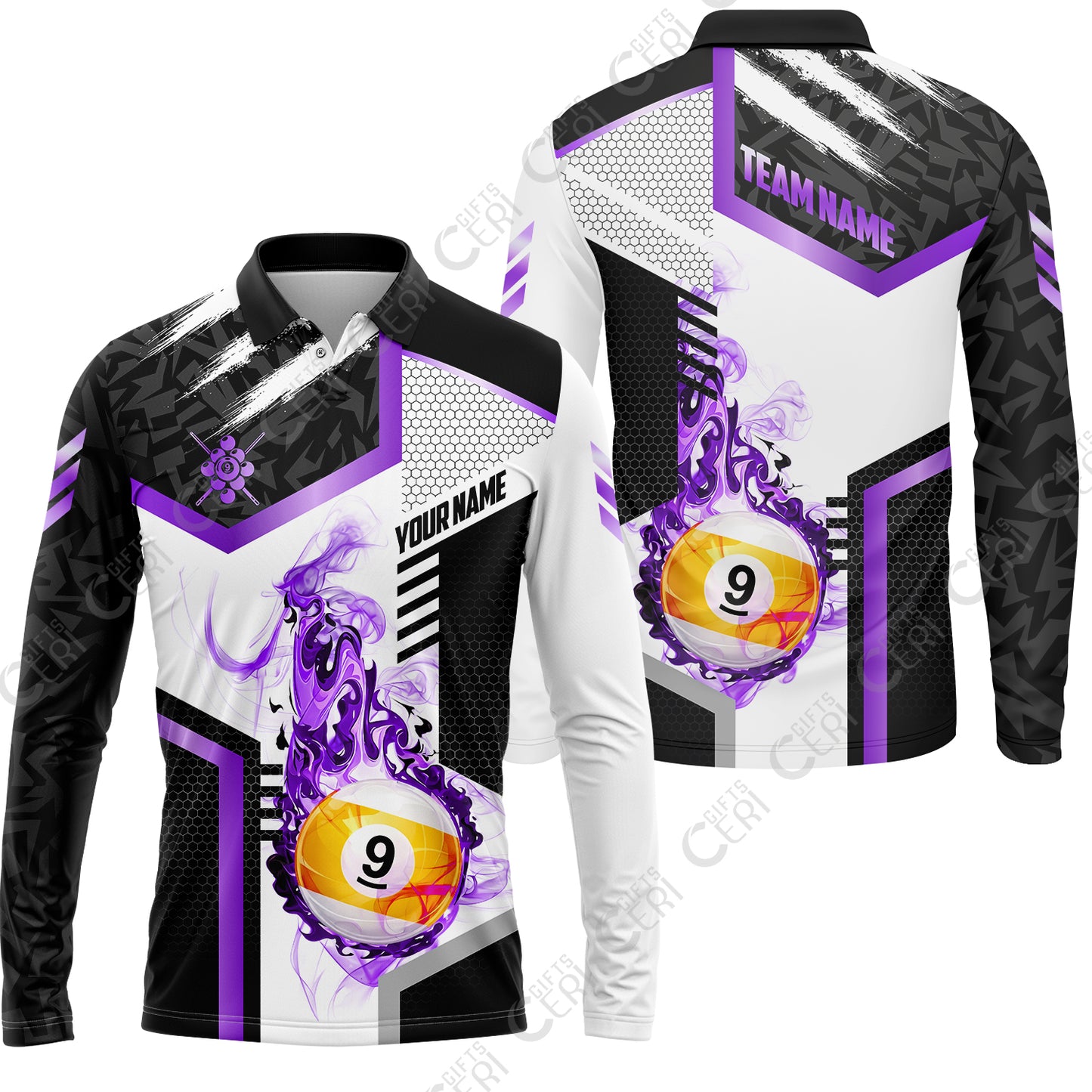 Customized 9 Ball Pool Long Sleeve Polo Shirt, Flaming 9-Ball Graphic, Billiards Jersey