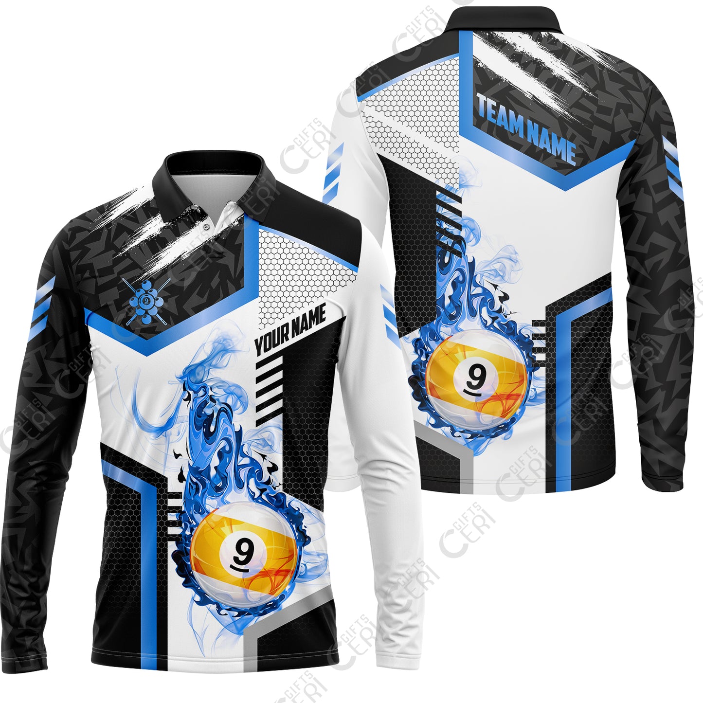 Customized 9 Ball Pool Long Sleeve Polo Shirt, Flaming 9-Ball Graphic, Billiards Jersey