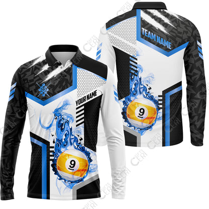 Customized 9 Ball Pool Long Sleeve Polo Shirt, Flaming 9-Ball Graphic, Billiards Jersey
