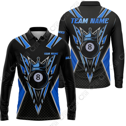 Customized 8 Ball Pool Long Sleeve Polo Shirt, Billiard 8-Ball Crown, Billiard Jerseys