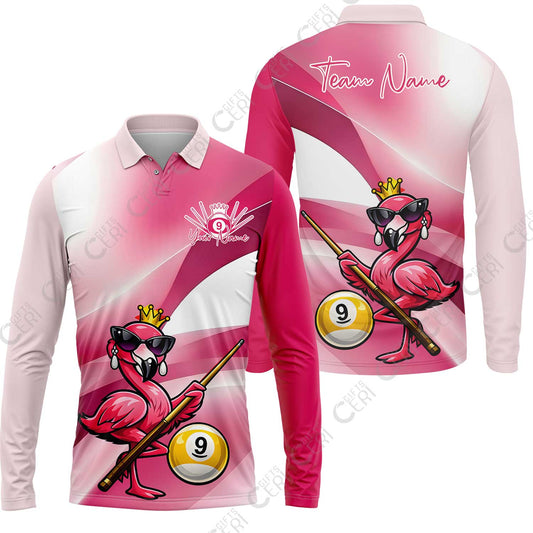 Customized 9 Ball Pool Long Sleeve Polo Shirt, Pink Flamingo Billiards 9-Ball, Personalized Billiards Jersey