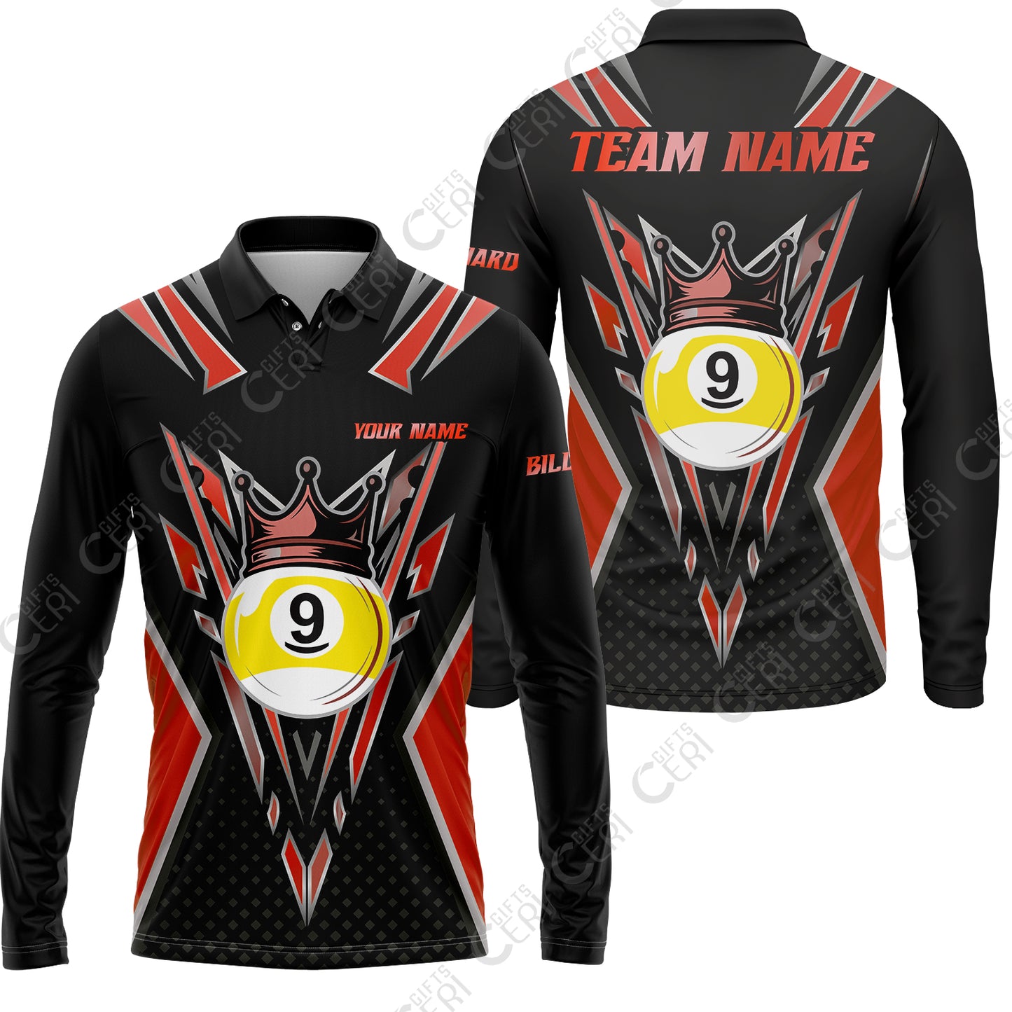 Customized 9 Ball Pool Long Sleeve Polo Shirt, Billiard 9-Ball Crown, Billiard Jerseys