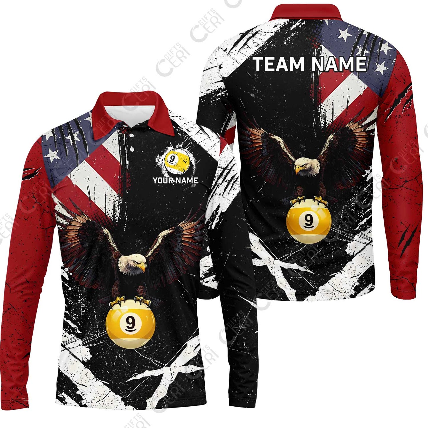 Customized 9 Ball Pool Long Sleeve Polo Shirt, Eagle Billiard American Flag 9-ball, Personalized Billiards Jersey