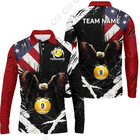 Customized 9 Ball Pool Long Sleeve Polo Shirt, Eagle Billiard American Flag 9-ball, Personalized Billiards Jersey