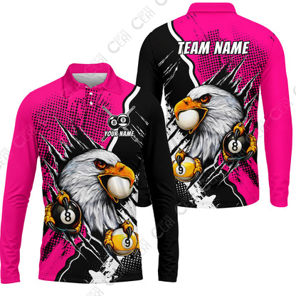 Customized Billiards Long Sleeve Polo Shirt, 8 & 9 Ball Billiard Eagle Comic Dot Halftone Background Color, Billiards Jerseys