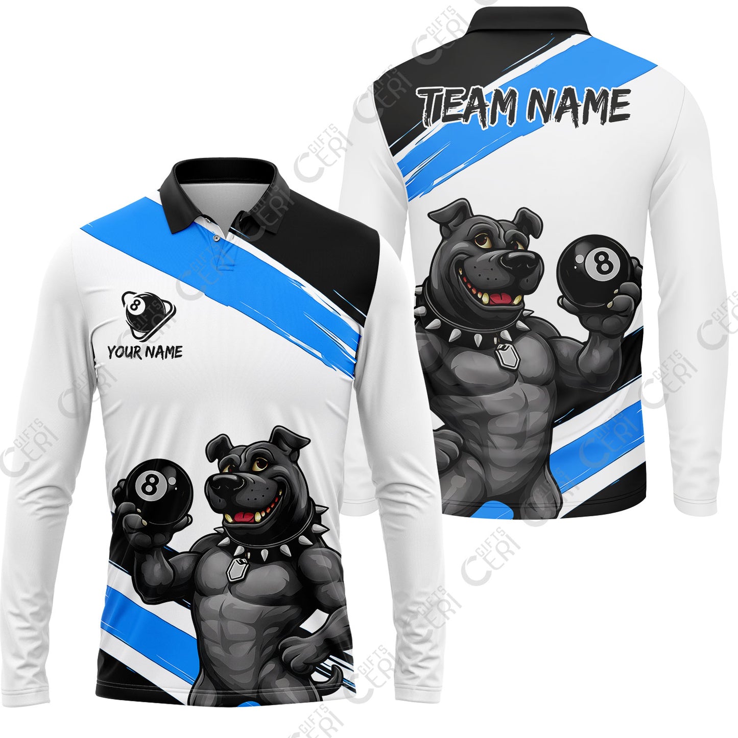 Customized Billiards Long Sleeve Polo Shirt, Personalized Pitbull 8 Ball Jersey Gift For Billiard Players