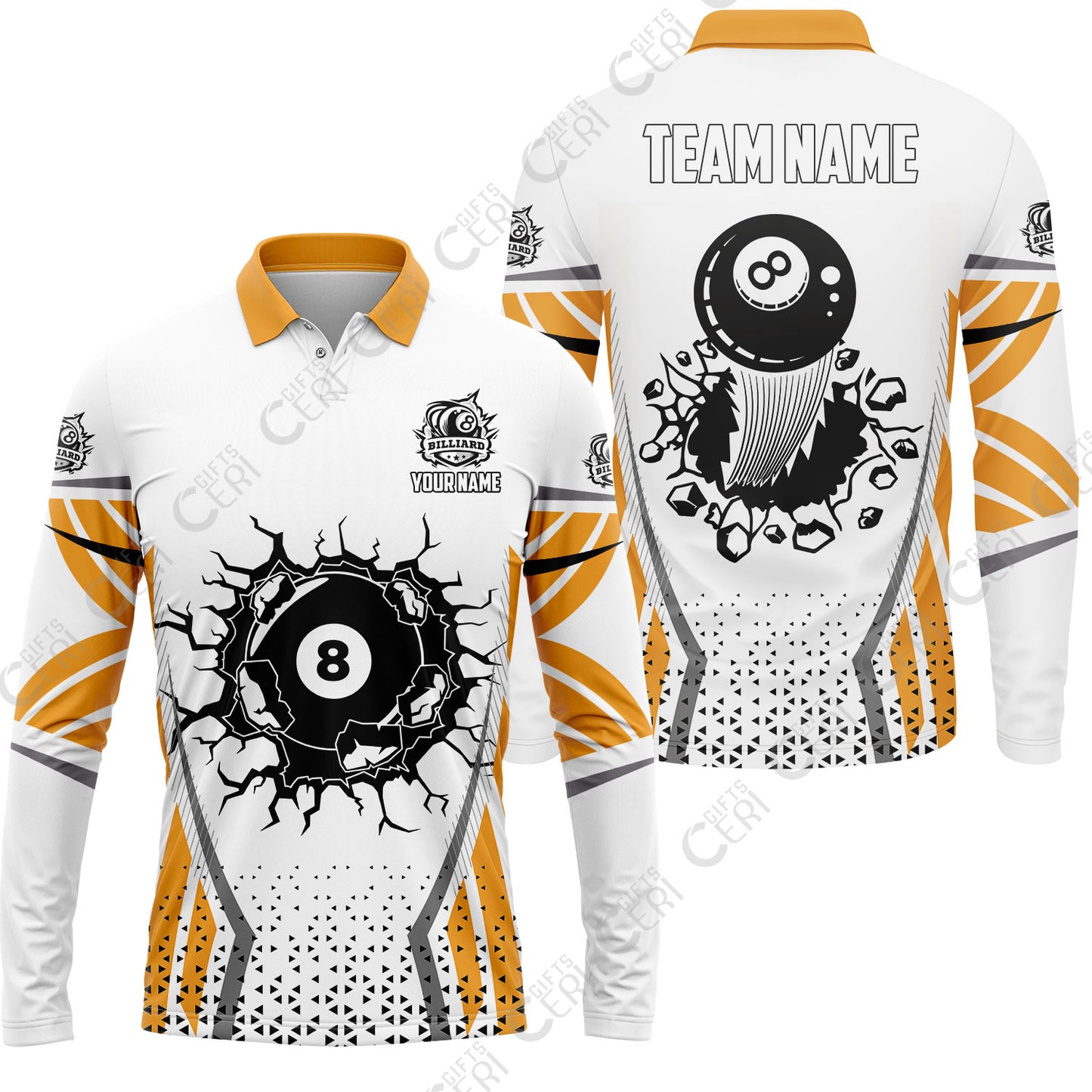 Customized 8 Ball Pool Long Sleeve Polo Shirt, Billiard Triangle Pattern, 8-Ball Breaks The Wall, Billiard Jerseys