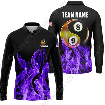 Customized Billiard Long Sleeve Polo Shirt, Billiard 8-Ball And 9-Ball Yin-Yang Flame, Billiard Jerseys