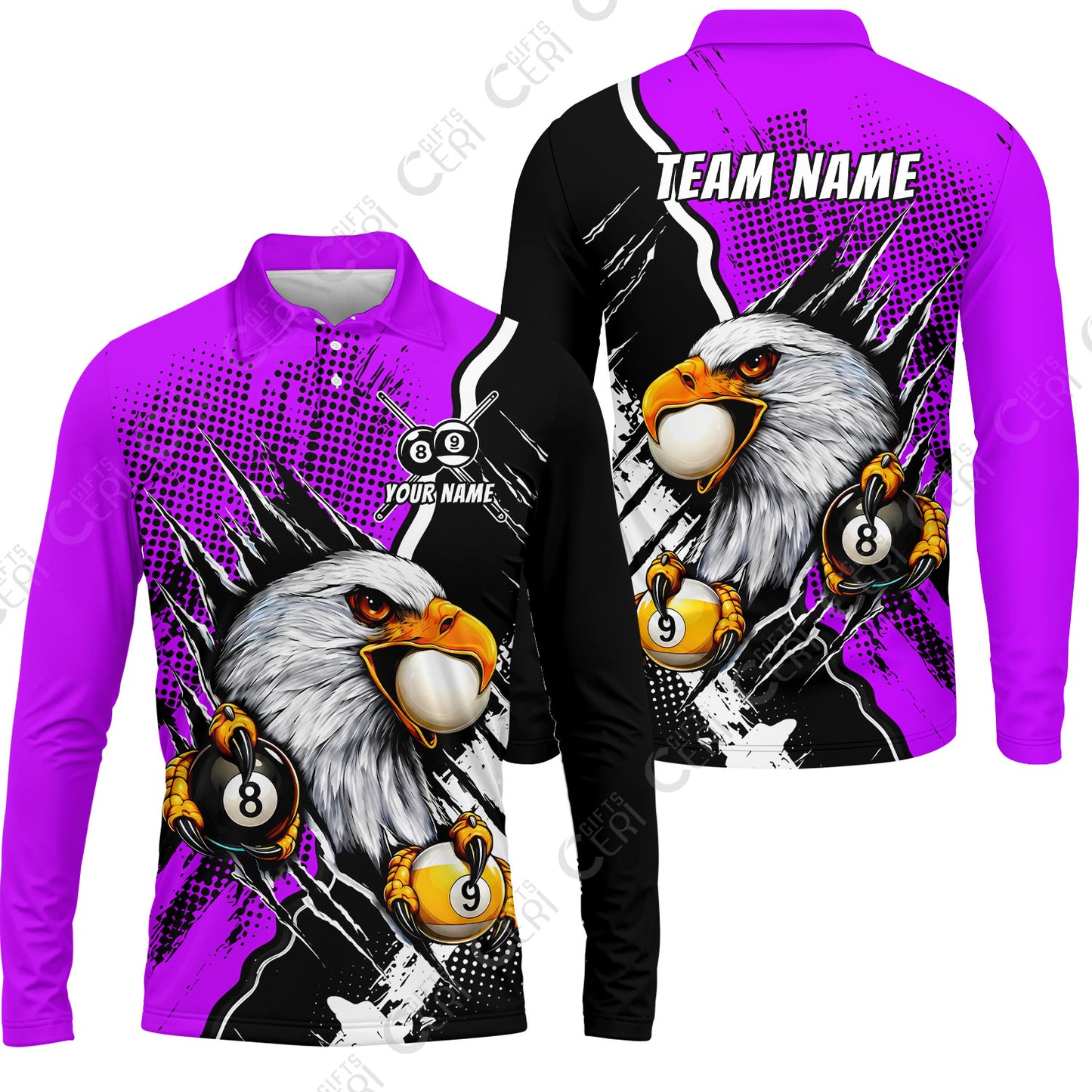 Customized Billiards Long Sleeve Polo Shirt, 8 & 9 Ball Billiard Eagle Comic Dot Halftone Background Color, Billiards Jerseys