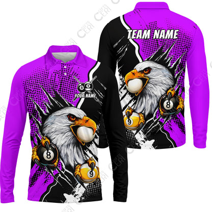 Customized Billiards Long Sleeve Polo Shirt, 8 & 9 Ball Billiard Eagle Comic Dot Halftone Background Color, Billiards Jerseys