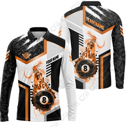 Customized Billiards Long Sleeve Polo Shirt, Flaming 8-Ball Graphic, 8 Ball Pool Jersey