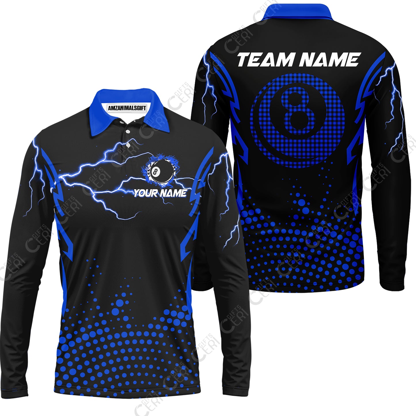 Customized Billiards Long Sleeve Polo Shirt, Lightning Graphics With Dots 8 Ball Pool Jersey