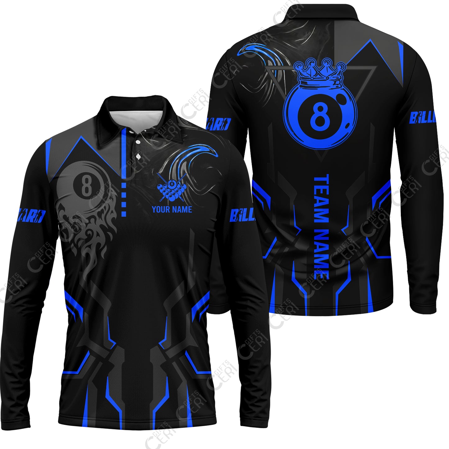 Customized 8 Ball Pool Long Sleeve Polo Shirt, 8-Ball Liquid Effect Smoke, Billiard Jerseys