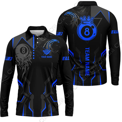 Customized 8 Ball Pool Long Sleeve Polo Shirt, 8-Ball Liquid Effect Smoke, Billiard Jerseys