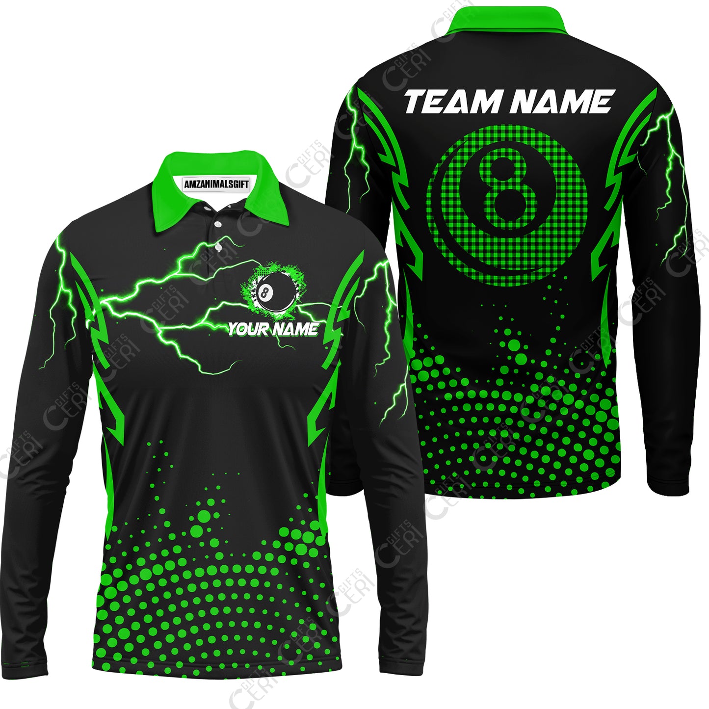 Customized Billiards Long Sleeve Polo Shirt, Lightning Graphics With Dots 8 Ball Pool Jersey