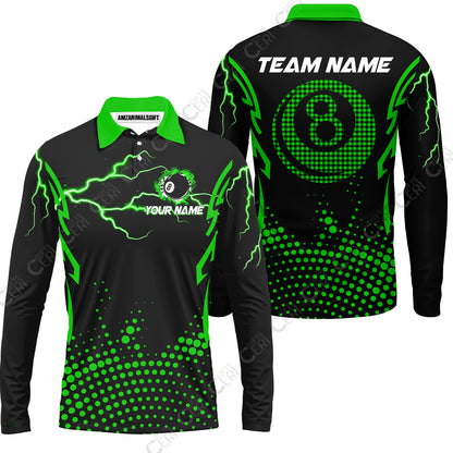 Customized Billiards Long Sleeve Polo Shirt, Lightning Graphics With Dots 8 Ball Pool Jersey