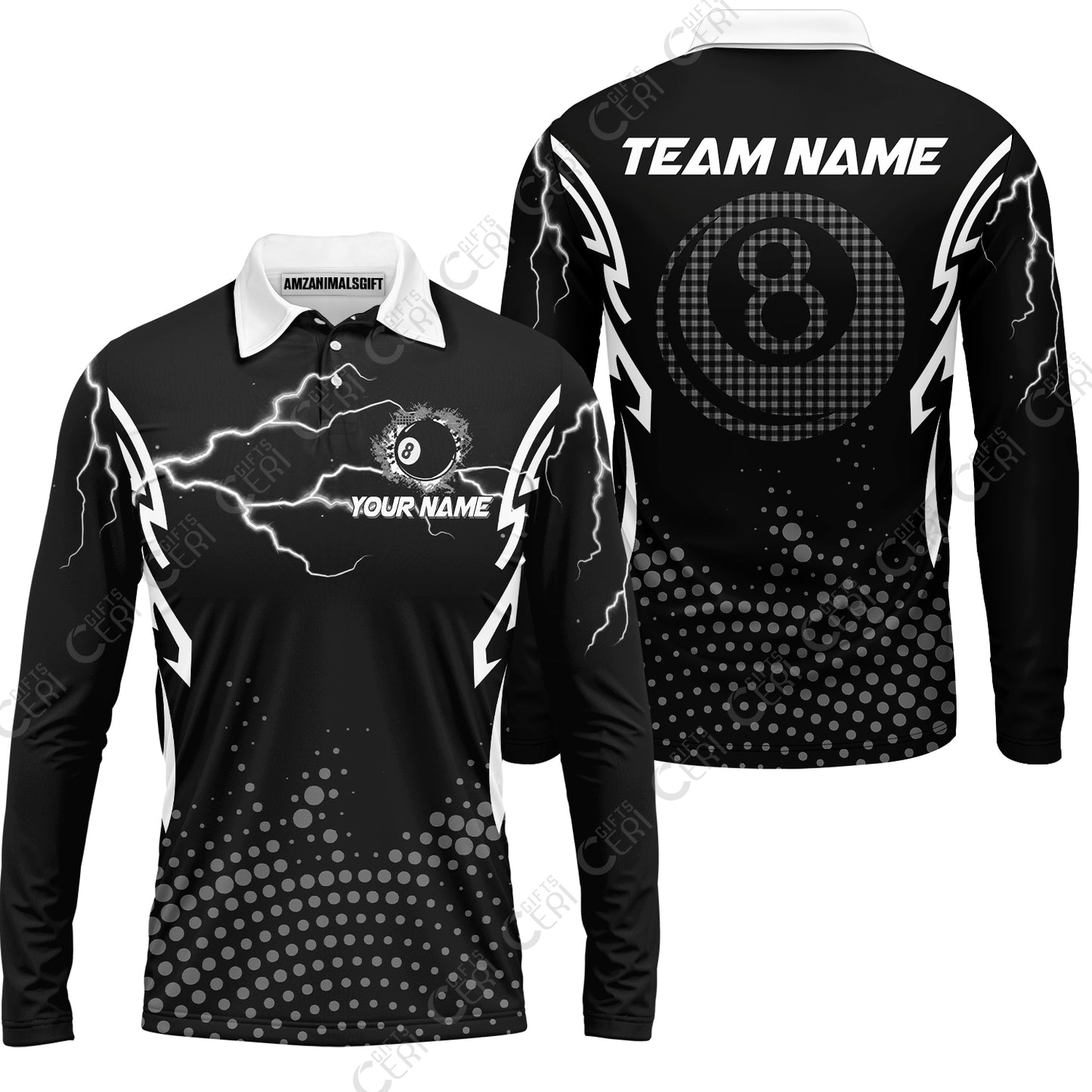 Customized Billiards Long Sleeve Polo Shirt, Lightning Graphics With Dots 8 Ball Pool Jersey