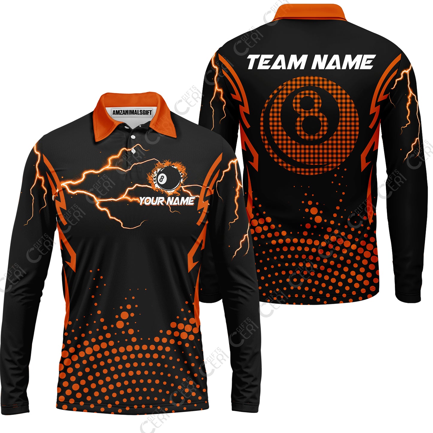 Customized Billiards Long Sleeve Polo Shirt, Lightning Graphics With Dots 8 Ball Pool Jersey