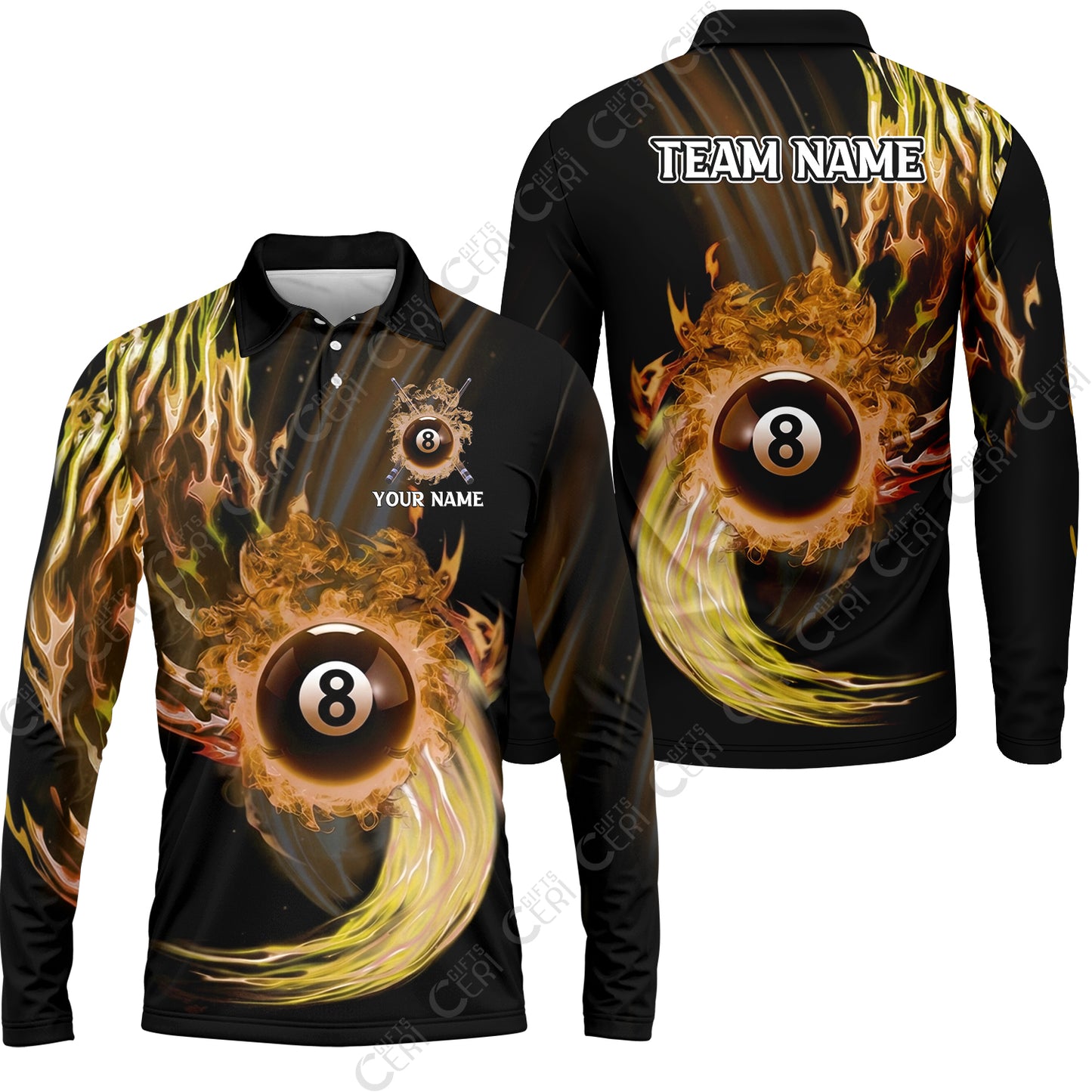 Customized 8 Ball Pool Long Sleeve Polo Shirt, 8-Ball Swirling Fire And Glowing Smoke, Billiards Jerseys